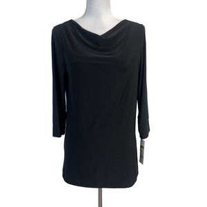 Dana Buchman Top Blouse size Extra Small Black Slinky Stretch Black Tie Modest
